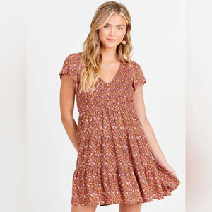 Urban Outfitters Floral V-Neck Babydoll Mini Dress in Red Multi Size XS